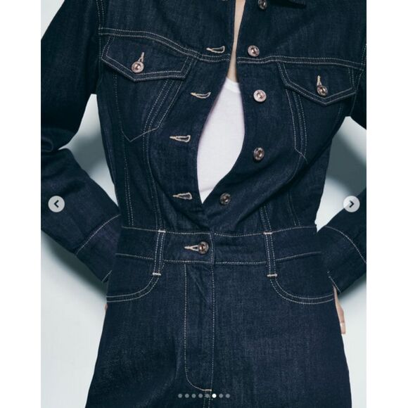 Dark Jean Denim Zara Button Front Chest Pockets Long Sleeve Pants Jumpsuit (NWT) - Picture 4 of 9